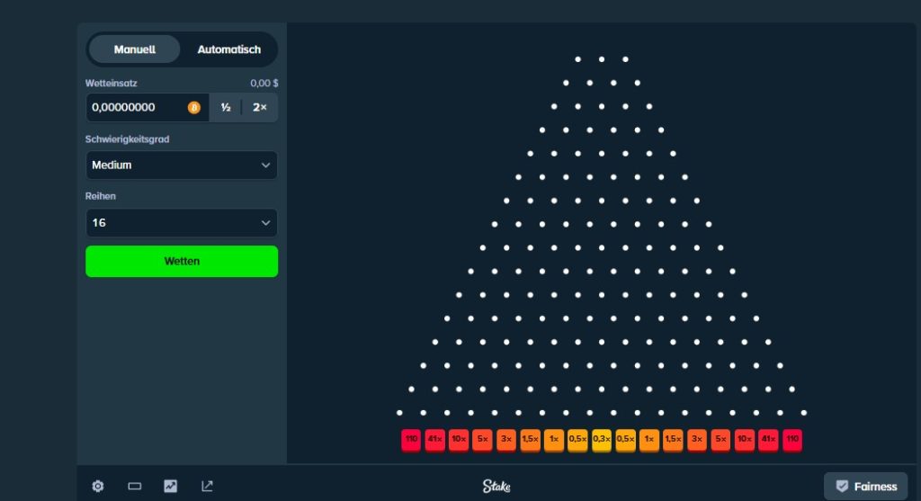 Stake Plinko Spieloberfläche mit Risikostufen und Reiheneinstellungen