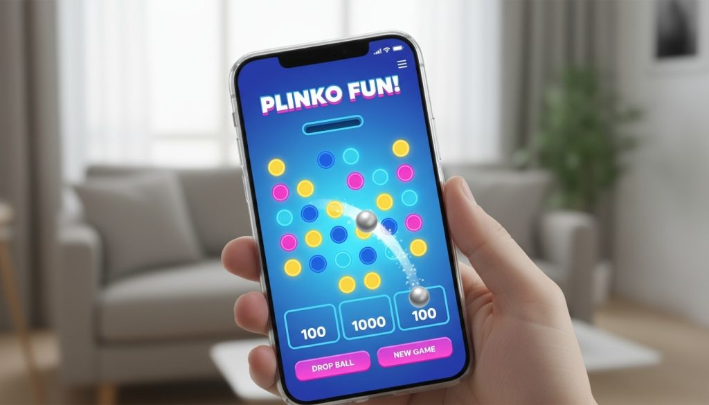 Plinko app Interface auf Smartphone mit Spielfeld und Kugel